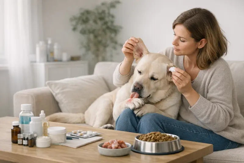 Hund mit Allergie beim Tierarzt Ein Hund mit Allergiesymptomen, der beim Tierarzt untersucht wird.