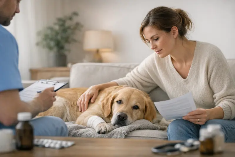 Vorerkrankungen bei der Hundekrankenversicherung Hund mit Arzt, der Symptome untersucht, was für Vorerkrankungen relevant ist.