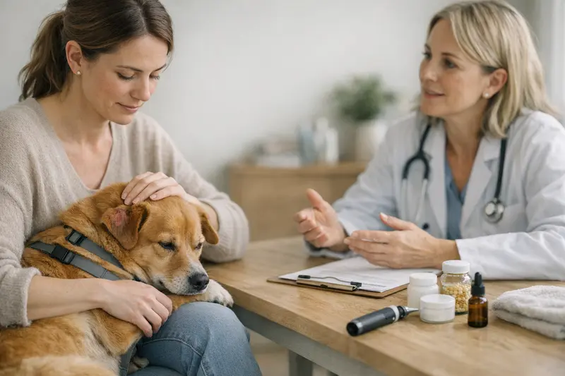 Hunde mit Allergien beim Tierarzt Hundehalterin beim Tierarzt mit ihrem Hund, der allergische Reaktionen zeigt