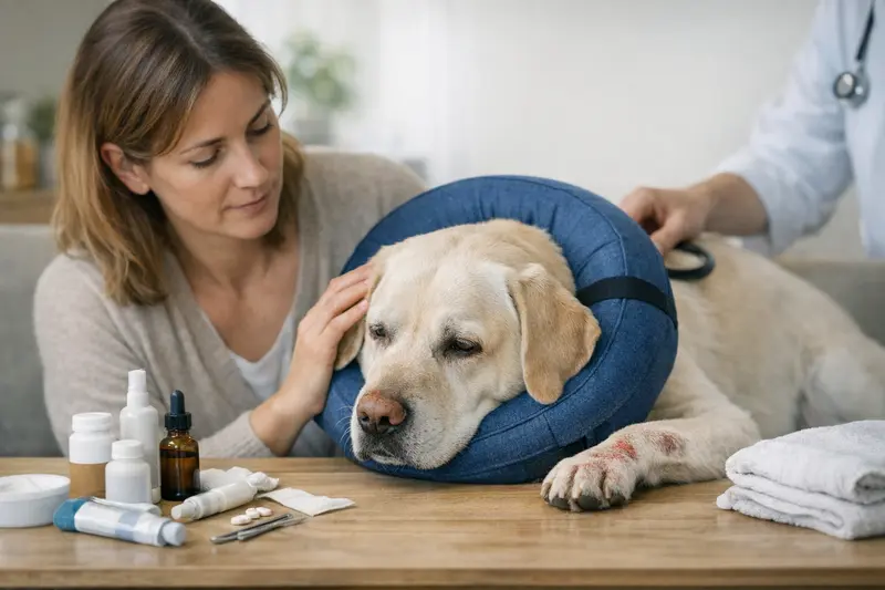 Hund mit Allergie beim Tierarzt Hund mit einer Allergie wird von seiner Besitzerin beim Tierarzt untersucht.