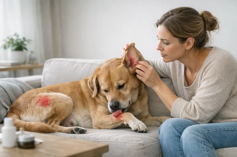 Ein Hund mit gereizter Haut, der Anzeichen einer Allergie zeigt.