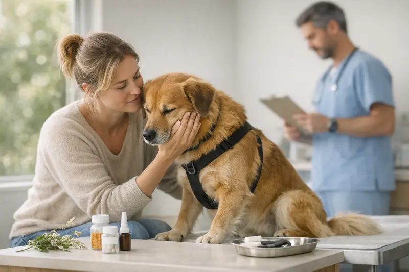 Hund beim Tierarzt zur Allergieuntersuchung Ein gesunder Hund besucht einen Tierarzt zur Untersuchung von saisonalen Allergiesymptomen.