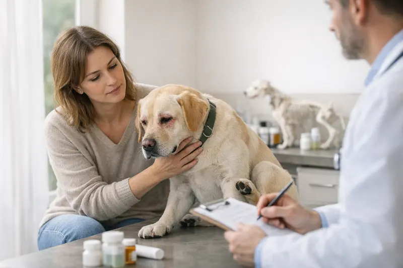 Hund bei Tieruntersuchung - Allergien erkennen Ein Hund, der beim Tierarzt untersucht wird, um Allergien zu diagnostizieren.