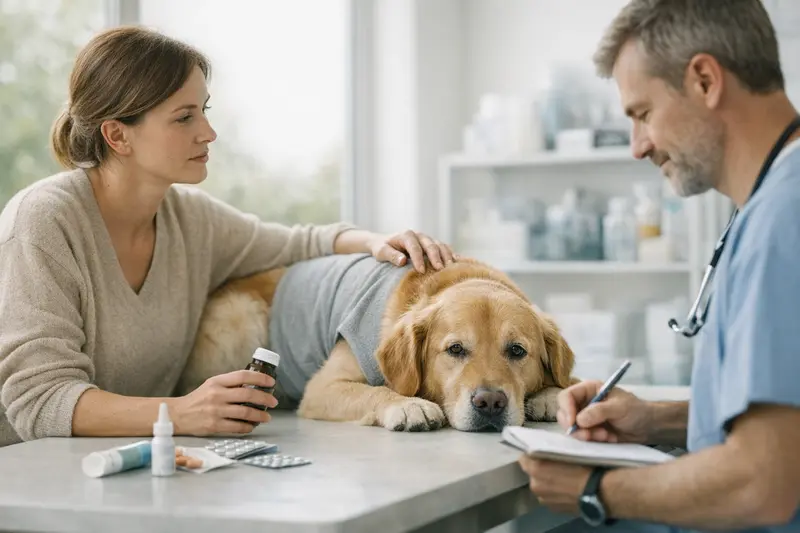 Hundekrankenversicherung Tarifdetails bei Allergien Ein Hundebesitzer bespricht mit einem Tierarzt die Allergie-Risiken und Tarifdetails einer Hundekrankenversicherung.