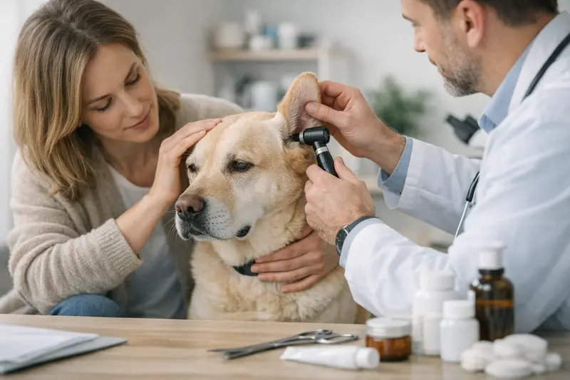 Tierarztkosten bei Hundeallergien Hund mit Allergie bei der Tierarztuntersuchung auf Hautprobleme
