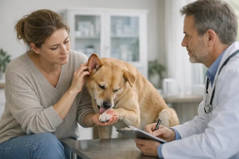 Hund Allergie Symptome erkennen Ein Hund mit juckender Haut untersucht sich selbst auf Allergiesymptome.