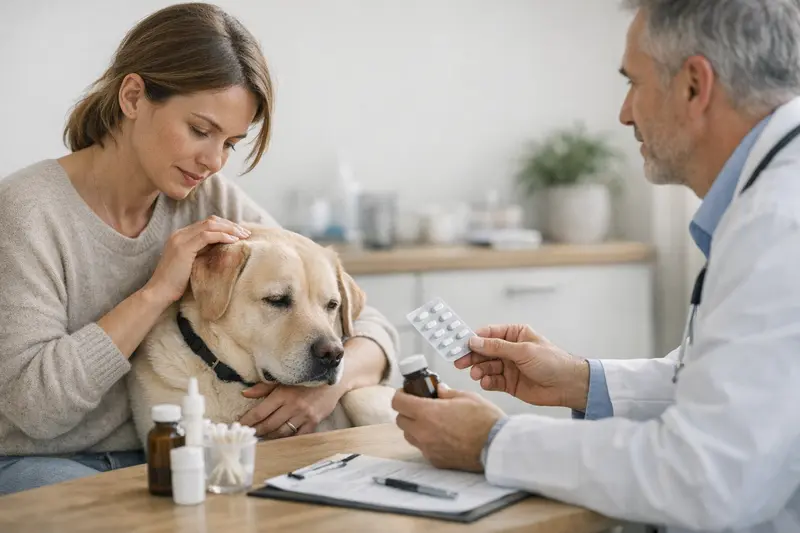 Hund beim Tierarzt, der wegen Allergien behandelt wird.