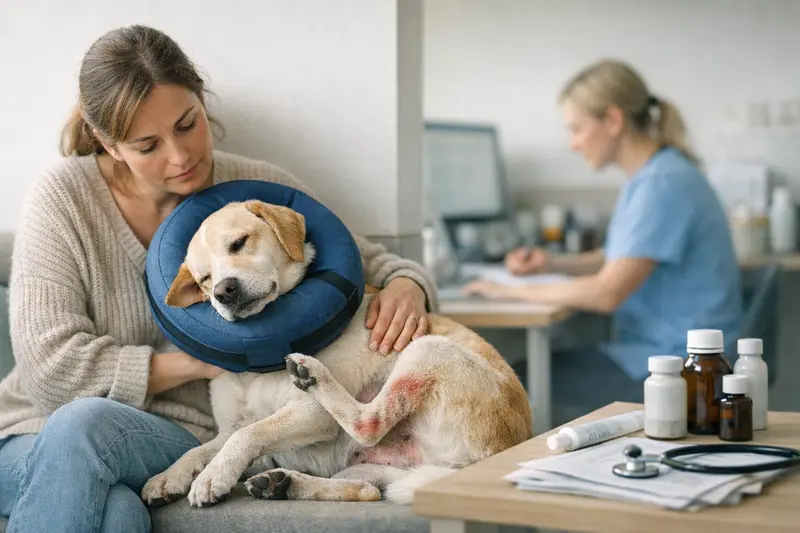 Hund beim Tierarzt wegen Allergie Ein Hund, der unter Allergien leidet, sitzt beim Tierarzt.