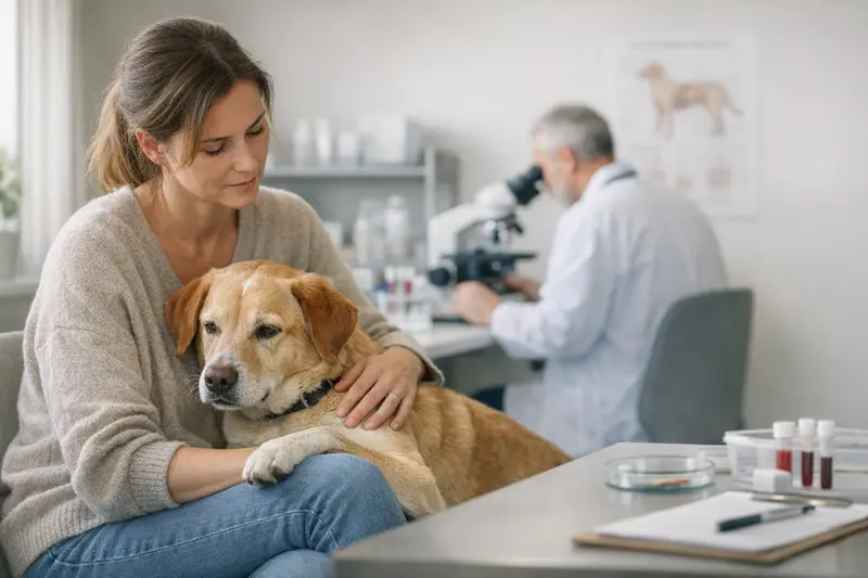 Tierarztuntersuchung bei Hundeallergien Tierarzt untersucht einen Hund auf Allergien.