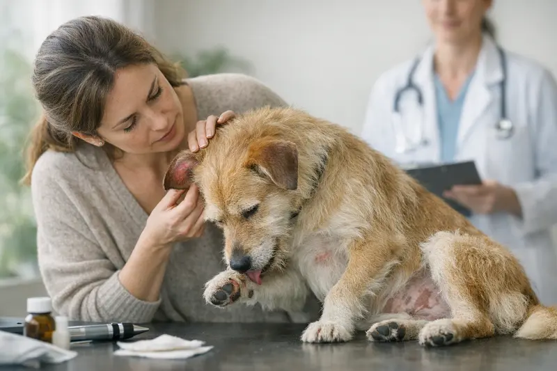 Ein Hund mit geröteter Haut und Juckreiz, Anzeichen für eine mögliche Allergie.