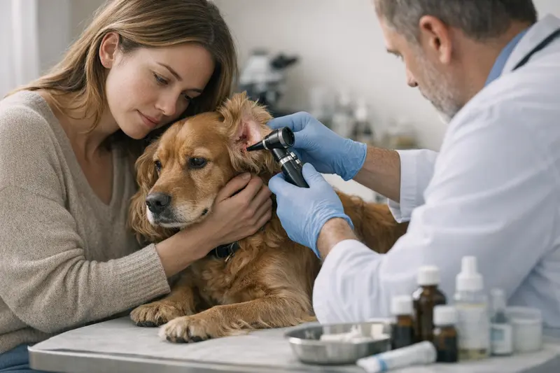 Tierarztkosten bei Hundeallergien Tierarzt untersucht einen Hund auf Allergien mit speziellen Tests.