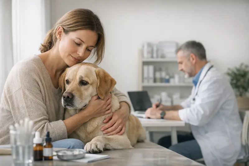 Allergie-Diagnostik beim Hund Ein Hund wird von einem Tierarzt auf Allergien untersucht, um die Diagnostik zu klären.