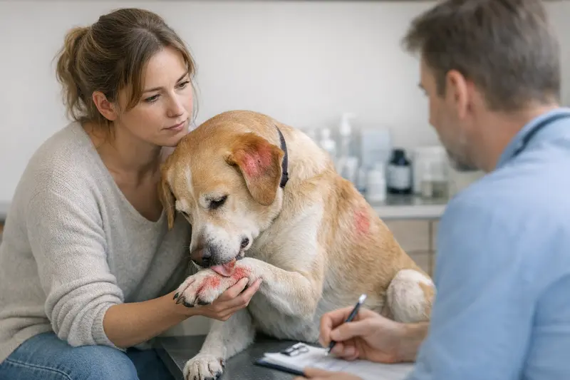 Ein Hund mit Hautrötungen und Juckreiz, Anzeichen einer Allergie.
