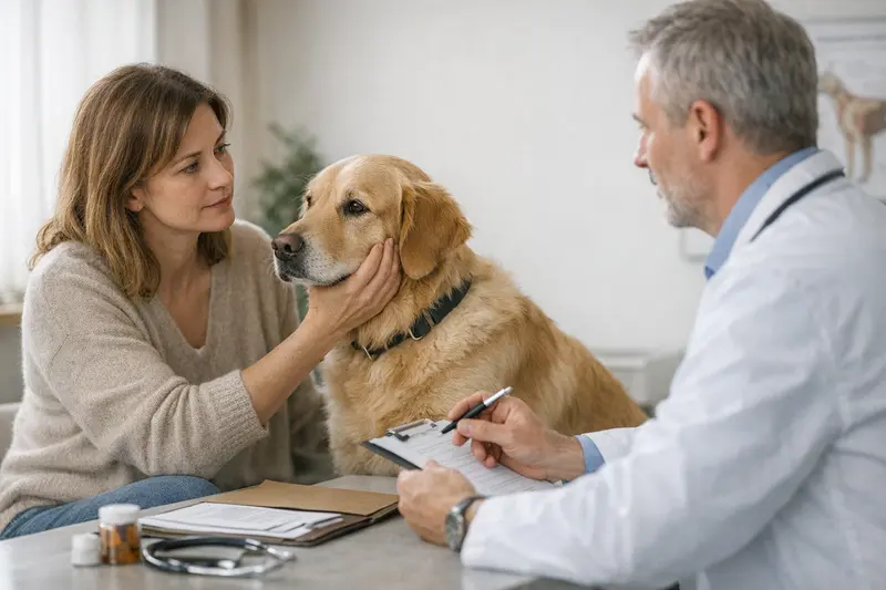 Hund sitzt beim Tierarzt und wird auf mögliche Vorerkrankungen untersucht.