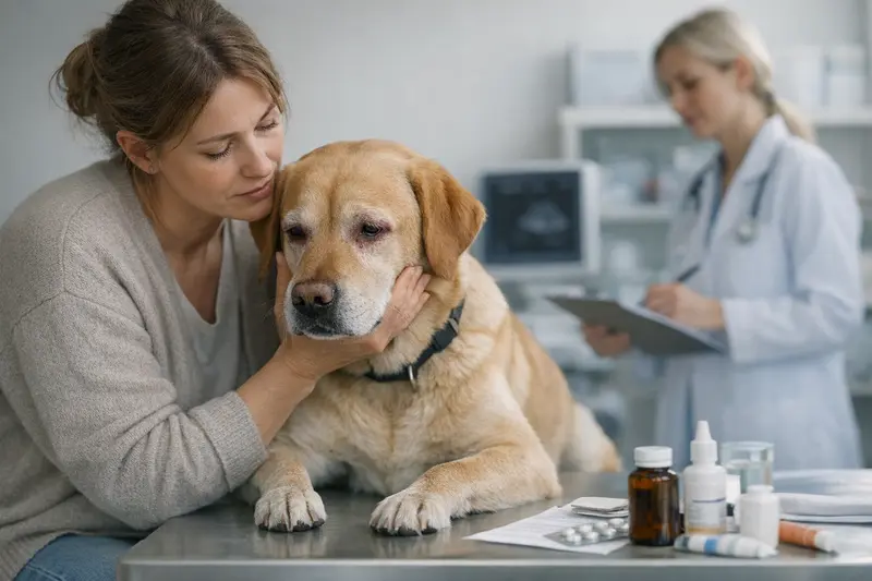 Tierarztuntersuchung bei Hund mit Allergie Tierarzt untersucht einen Hund mit Allergiesymptomen, während die Besitzerin besorgt daneben steht.