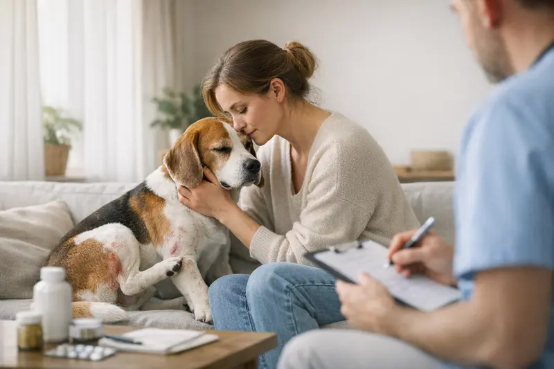 Hund Allergien Tierarzt Untersuchung Hund mit Allergiesymptomen, der beim Tierarzt untersucht wird.