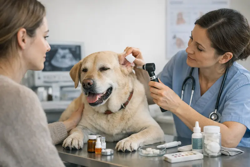 Tierarztuntersuchung bei Hundeadlergen Ein Hund wird von einem Tierarzt auf Allergien untersucht.
