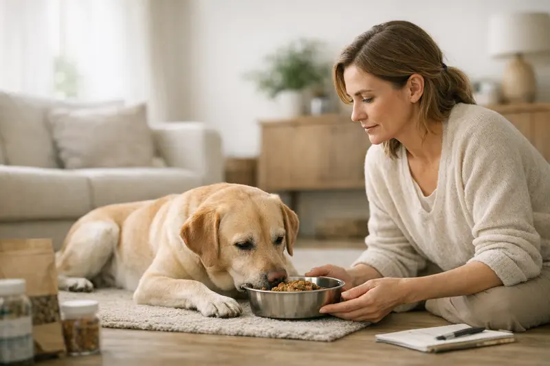 Ausschlussdiät beim Hund Ein Hund, der auf einer Wiese sitzt und ein spezielles Futter für eine Ausschlussdiät erhält.