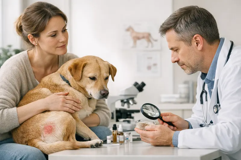 Diagnostik bei Allergien bei Hunden Tierarzt untersucht einen Hund auf Allergien, um die Diagnostik herauszufinden.