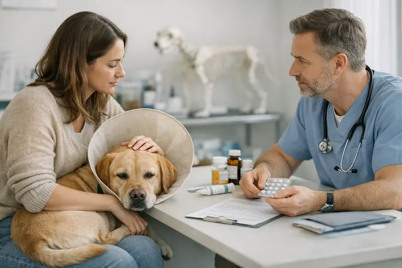 Ein Hund beim Tierarzt, der auf Allergien getestet wird, während der Besitzer aufmerksam zuschaut.