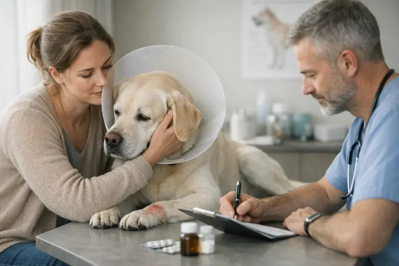 Hundehalter mit Hund beim Tierarzt, der eine Allergiebehandlung bespricht.