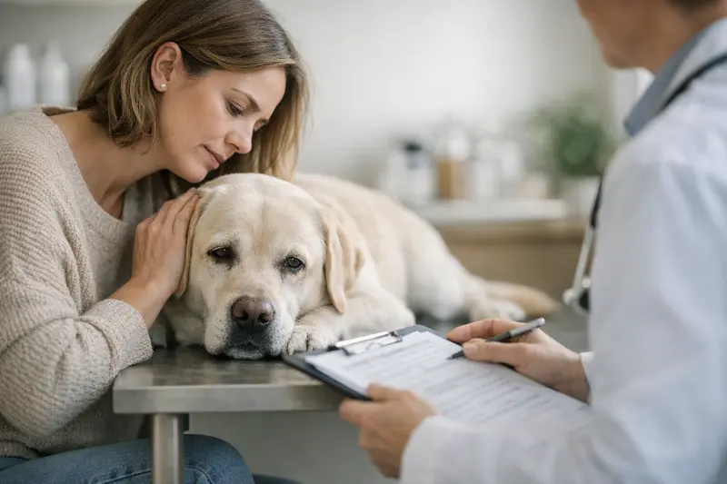 Hund mit Symptomen beim Tierarzt Hund mit Tierarzt, der Symptome untersucht und eine mögliche Vorerkrankung erklärt.