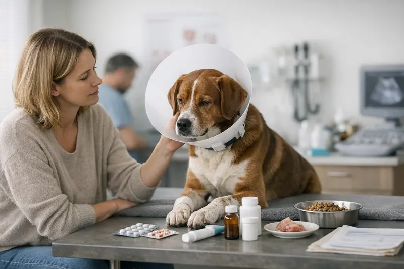 Tierarztbesuch bei Hundeallergie Tierarzt untersucht Hund mit Allergiesymptomen.
