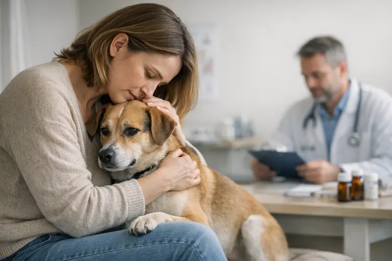 Hund und Tierarzt bei Angst Hund bei Tierarzt aufgrund von Angst- und Stresssymptomen.