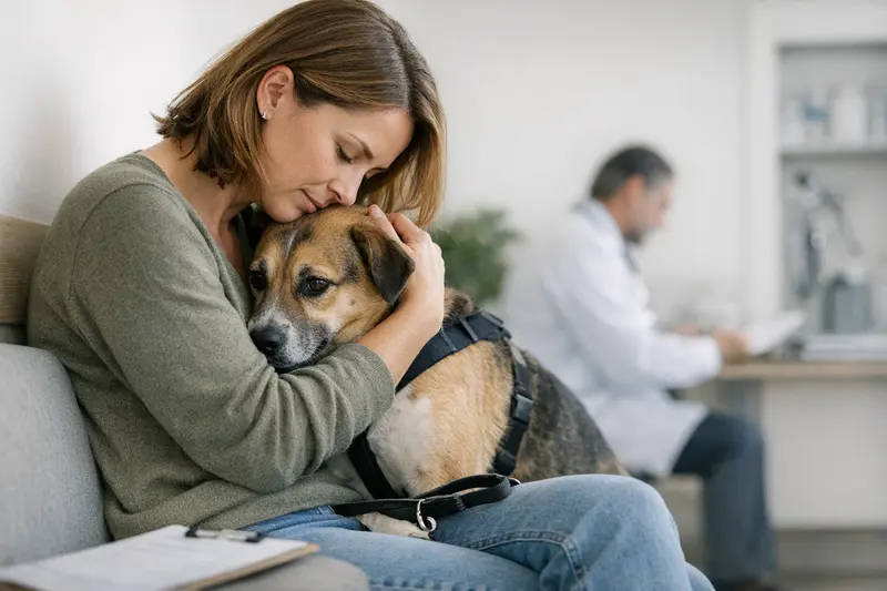 Hund beim Tierarzt zur Behandlung von Angstproblemen Ein gesunder Hund beim Tierarzt, der eine Behandlung wegen Angst und Stresssymptomen erhält.