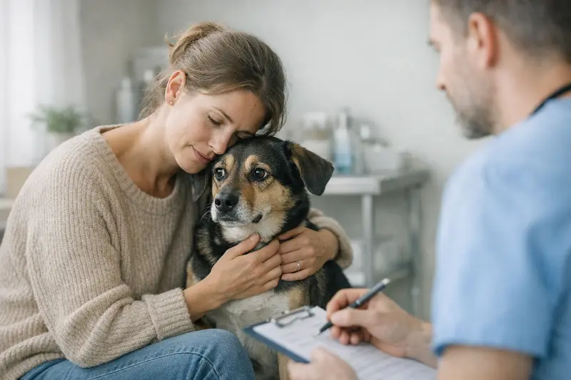 Angst beim Hund tierärztlich abklären Ängstlicher Hund beim Tierarzt, der tierärztlich untersucht wird.