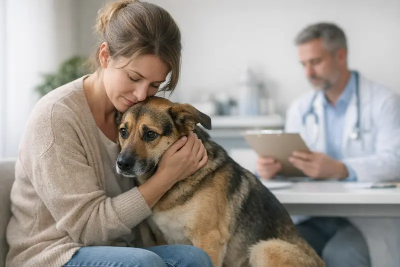 Ängstlicher Hund wird vom Tierarzt untersucht, um gesundheitliche Probleme auszuschließen.