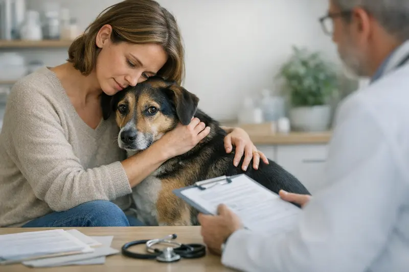 Tierarztbesuch Hund Angst Ein Hund vom Tierarzt untersucht, um Ängste und deren Behandlung zu klären.