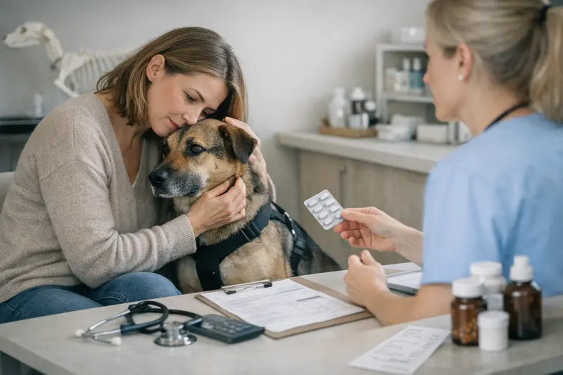 Hund Untersuchung Tierarzt Angstkosten Hund wird vom Tierarzt untersucht, um Angstthemen zu behandeln und Tierarztkosten zu klären.