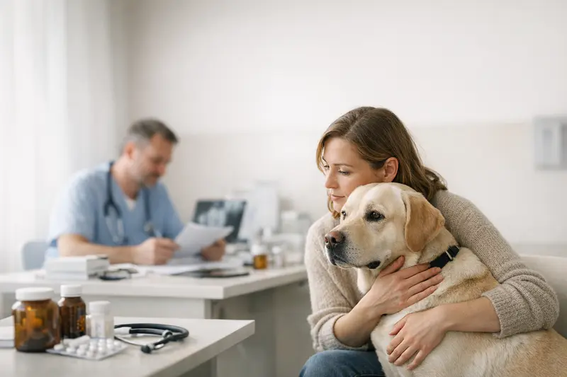 Hund bei Tierarzt – Tarifvergleich für Tierkrankenversicherung Ein Hund bei einem Tierarzt, während die Besitzerin Informationen zu Versicherungstarifen vergleicht.