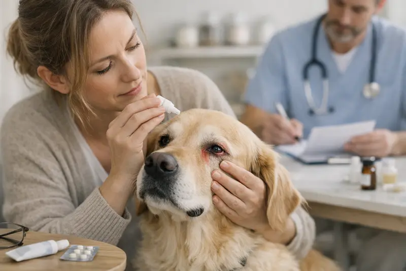 Augenuntersuchung beim Tierarzt Augenuntersuchung eines Hundes beim Tierarzt zur Behandlung von Augenbeschwerden.