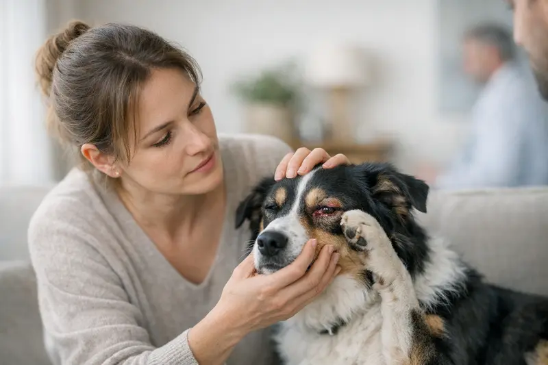 Gerötetes Hundeauge - Wann zum Tierarzt? Ein tränendes, gerötetes Hundeauge, das auf mögliche Tierarztbesuche hinweist.