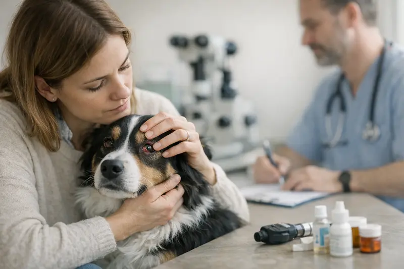 Tierarztkosten bei Augenproblemen verstehen Hundeaugen mit Rötung und Tränenfluss, die auf tierärztliche Behandlung hinweisen.