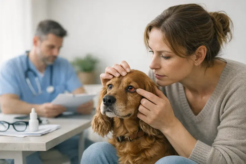 Tierarztbesuch bei wiederkehrenden Augenproblemen Ein Hund mit tränenden Augen sitzt beim Tierarzt und wird untersucht.