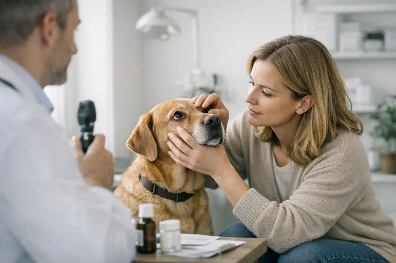 Augenuntersuchung beim Hund Tierarzt untersucht das Auge eines Hundes auf gesundheitliche Probleme mit Fokus auf Augenbehandlungen.