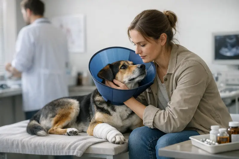 Hund beim Tierarzt im Kontext von OP-Schutz und Gesundheitsvorsorge Ein Hund im Tierarztbesuch, der auf die Behandlung wartet.