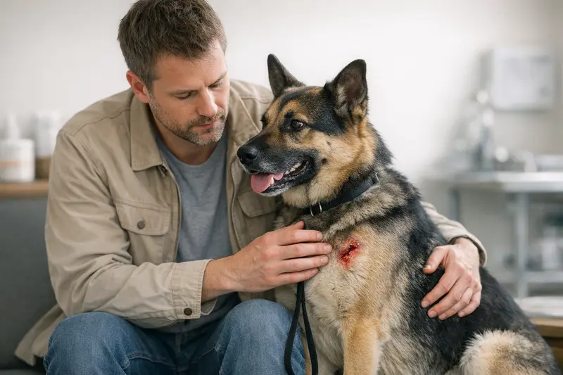 Hundebekanntschaften im Park Ein Hund mit einem aus dem Maul hängenden Spielzeug im Park, der aufgeregt mit einem anderen Hund spielt.