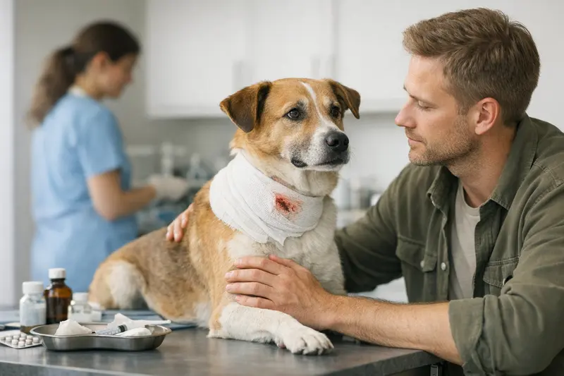 Bissverletzungen bei Hunden und ihre Behandlung Hunde beim Spielen, wobei einer von ihnen eine Bissverletzung hat und zum Tierarzt gebracht wird.