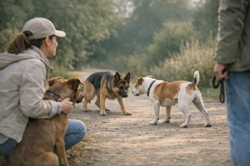 Hundebegegnung Körpersprache erkennen Ein Hund zeigt Anzeichen von Anspannung während einer Begegnung mit einem anderen Hund.