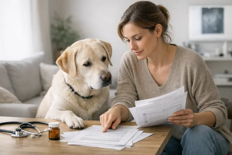 Hundevericherung Tarifvergleich Ein Hund, der beim Tierarzt untersucht wird, während der Halter über eine Hundevericherung nachdenkt.