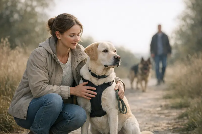 Vorsorge und Hundetraining für mehr Sicherheit Ein glücklicher Hund und sein Besitzer beim Training zur Vorsorge für bessere Sicherheit.