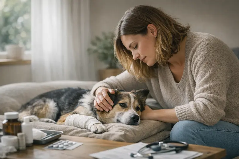 Ein Hund beim Tierarzt, umgeben von medizinischen Utensilien, die auf mögliche Behandlungsmaßnahmen hinweisen.