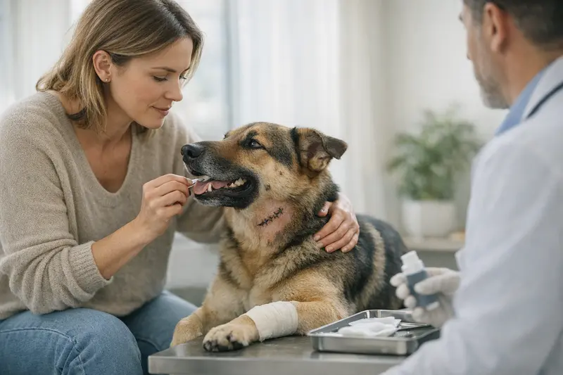 Ein Hund mit Verband nach einer Bissverletzung in der Tierarztpraxis.