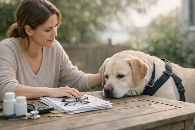 Ein Hund beim Tierarzt, umgeben von Tiermedizin und Behandlungsmaterialien, symbolisiert die Bedeutung der Selbstbeteiligung bei mehreren Tierarztterminen.