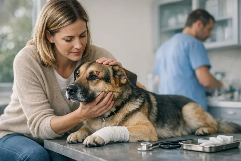 Hundebehandlung nach Auseinandersetzung Ein Hund, der von einem Tierarzt behandelt wird, nachdem er sich in einer Auseinandersetzung verletzt hat.