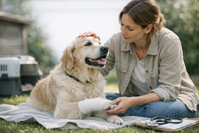 Hund beim Tierarzt – Wartezeiten & Unfallversicherung Ein glücklicher Hund beim Tierarzt, der eine Untersuchung erhält, um über Wartezeiten und Unfallregeln bei der Tierkrankenversicherung aufgeklärt zu werden.